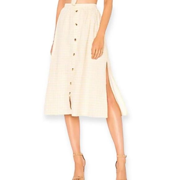 Faithfull the Brand Dresses & Skirts - Faithfull the Brand White Yellow Checkered Linen Split Hem Summer Midi Skirt NEW